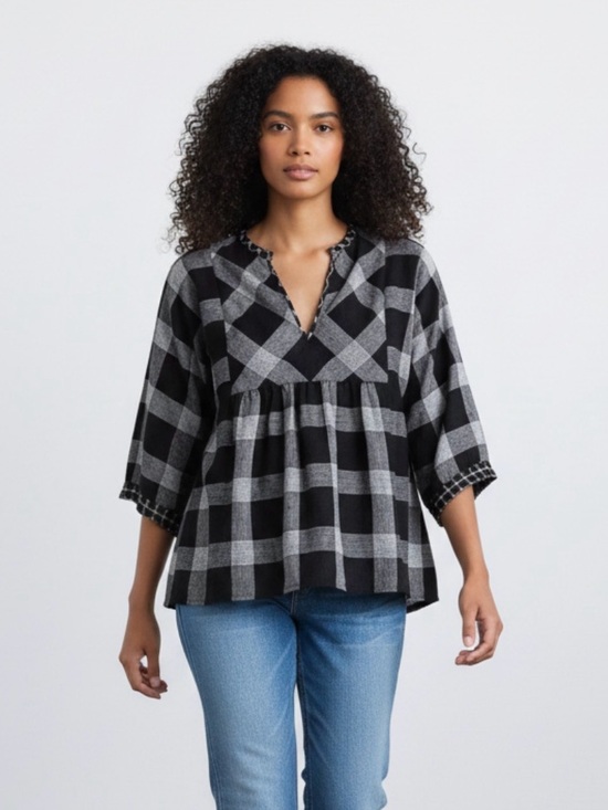 Madewell Tops - Madewell Boheme Popover Hayden Plaid Black
 & Gray Peasant Top S